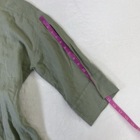 Zara Tunic Top Womens Size Lg Green Linen Blend Belted Tie Back Button Front - Picture 6 of 12